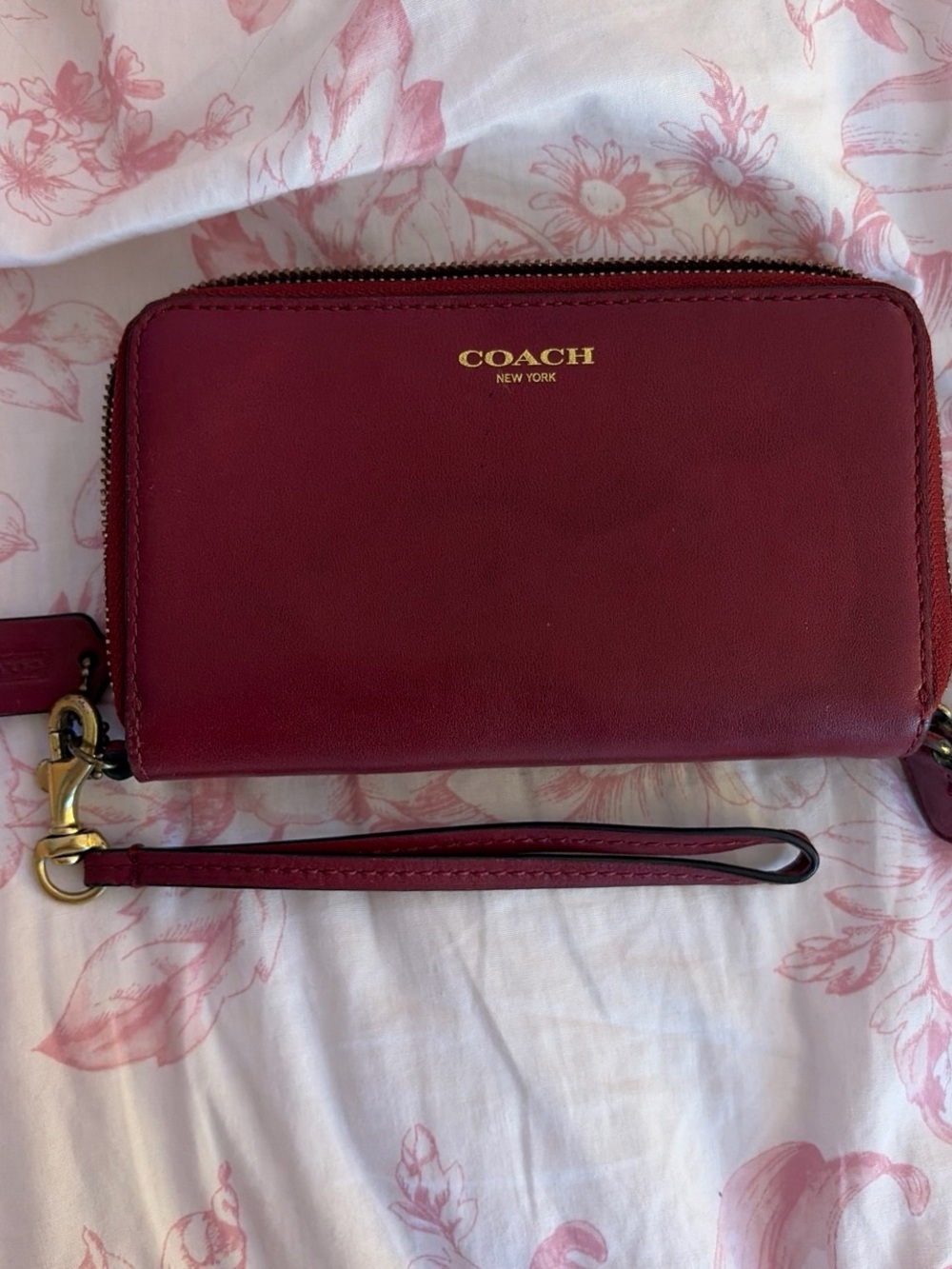 Coach Burgundy Leather Zip Wristlet with Gold Logo